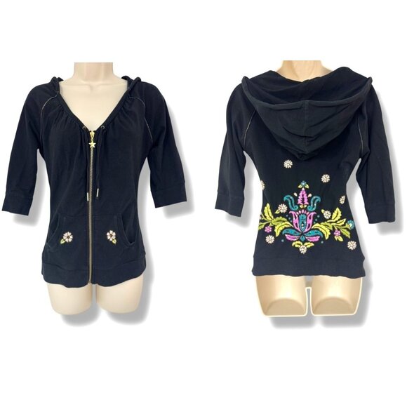 Size Small Black Embroidered Sequins V-Neck Zip Hoodie Sweatshirt Pockets - Picture 1 of 7